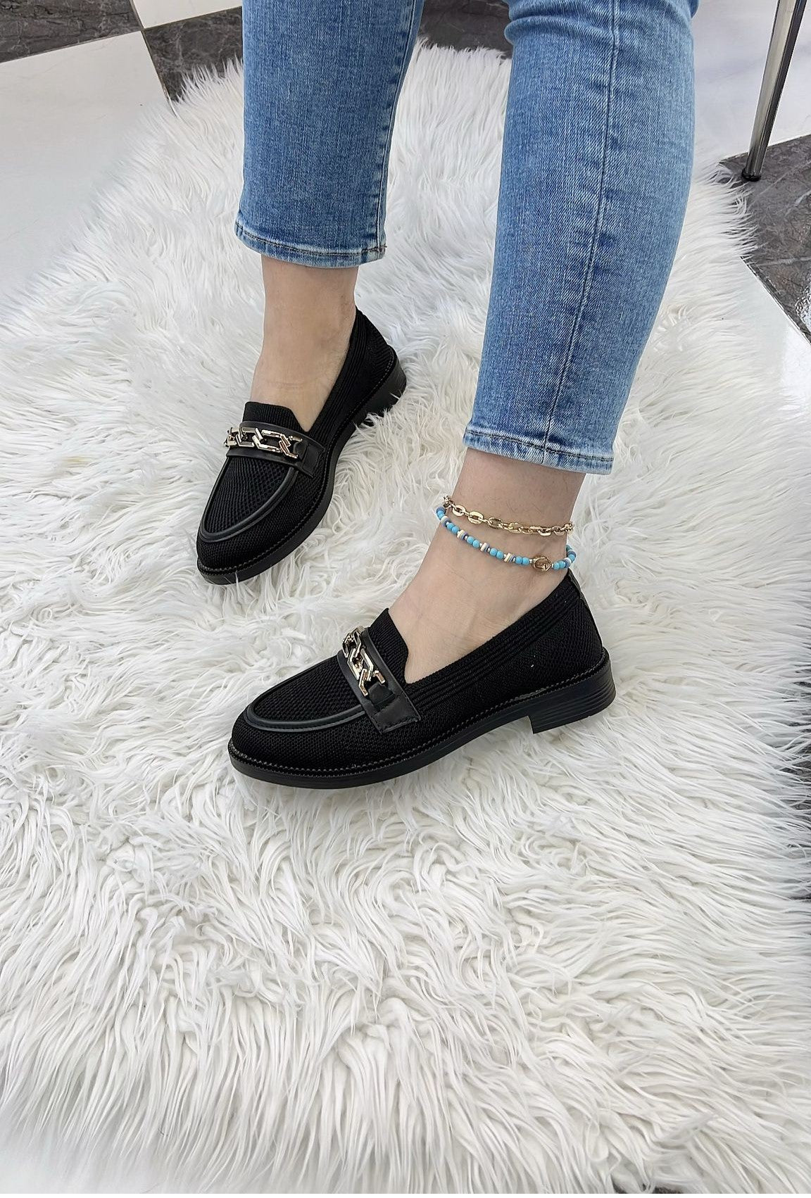 KB - 021 Siyah Triko Siyah Taban U Toka Kadın Ayakkabı - Pawliox