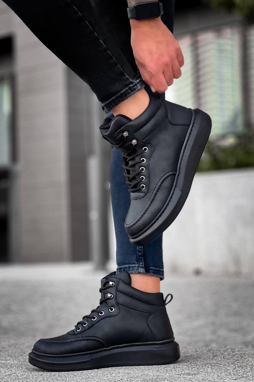 KB - 0994 Siyah Cilt Siyah Yüksek Taban Erkek Bilek Bot - Pawliox