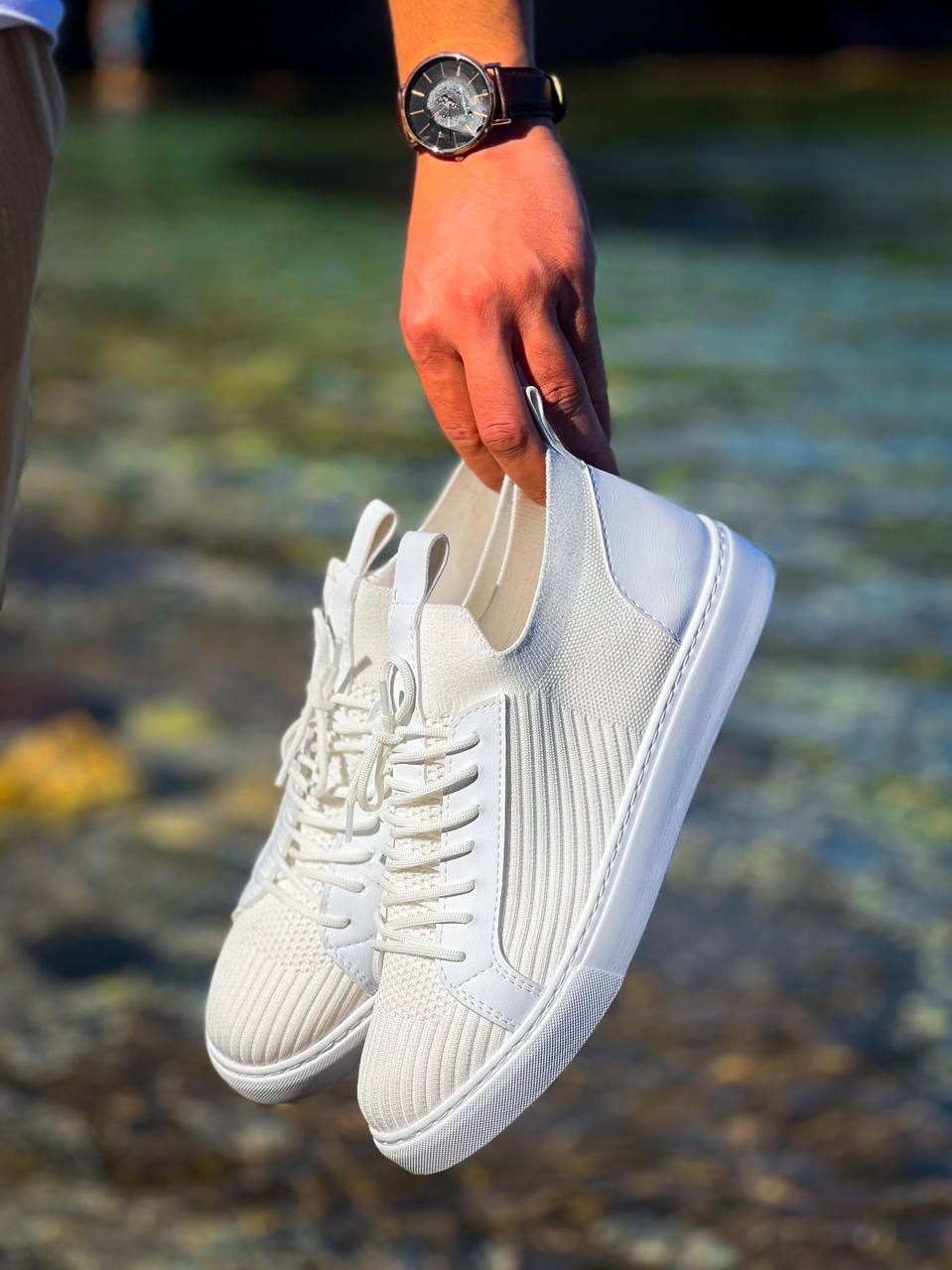 KB - 112 Beyaz Triko Bağcıklı Erkek Ayakkabı - Pawliox