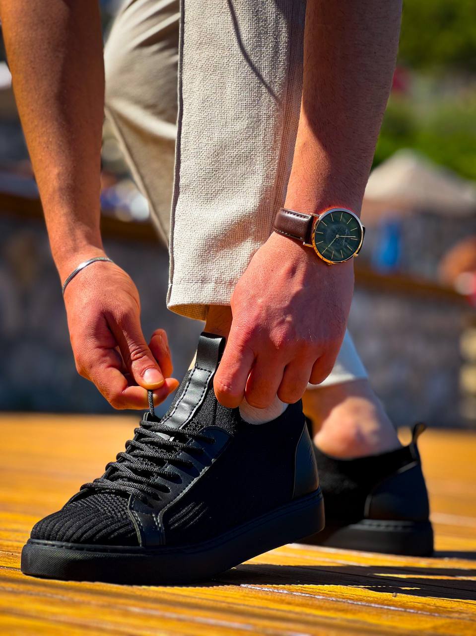 KB - 112 Siyah Siyah Taban Triko Bağcıklı Erkek Ayakkabı - Pawliox