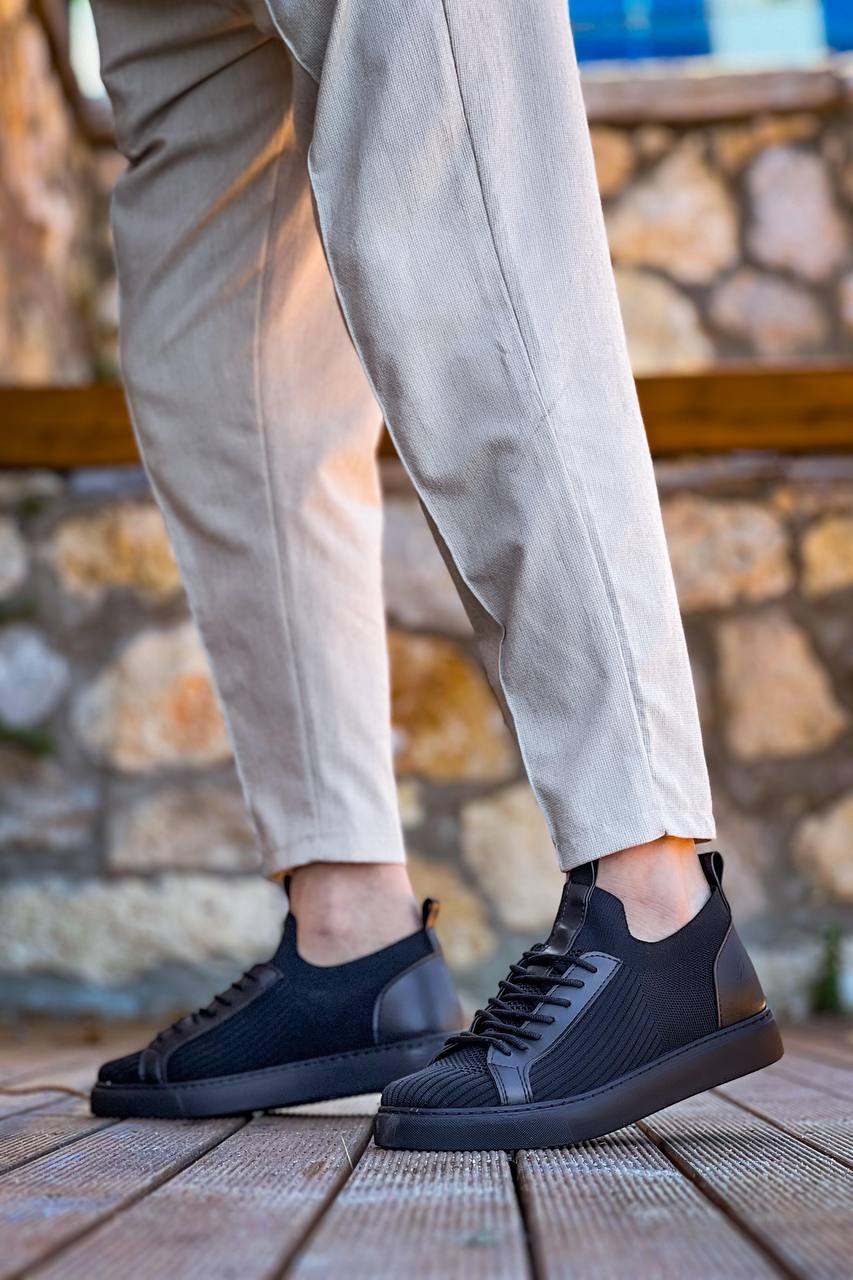 KB - 112 Siyah Siyah Taban Triko Bağcıklı Erkek Ayakkabı - Pawliox