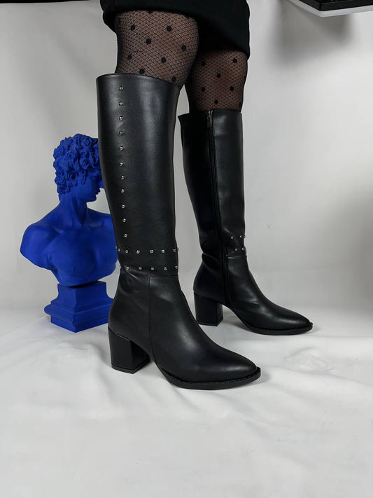 KB - 505 Kömür Cilt Topuklu Kadın Çizme - Pawliox