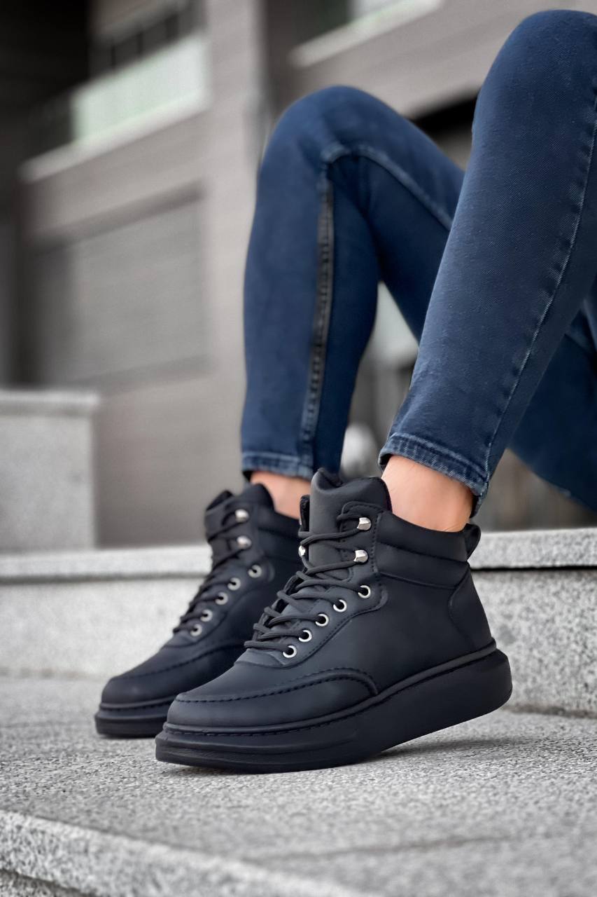 KB - 0994 Siyah Cilt Siyah Yüksek Taban Erkek Bilek Bot - Pawliox