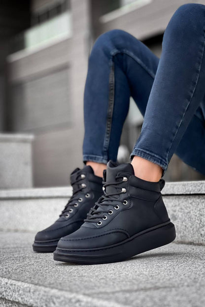 KB - 0994 Siyah Cilt Siyah Yüksek Taban Erkek Bilek Bot - Pawliox