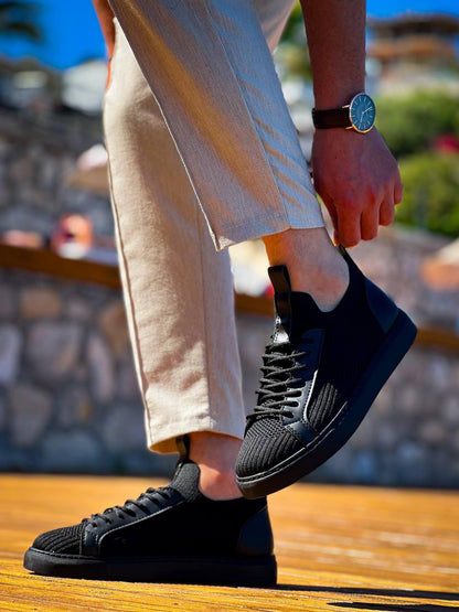 KB - 112 Siyah Siyah Taban Triko Bağcıklı Erkek Ayakkabı - Pawliox