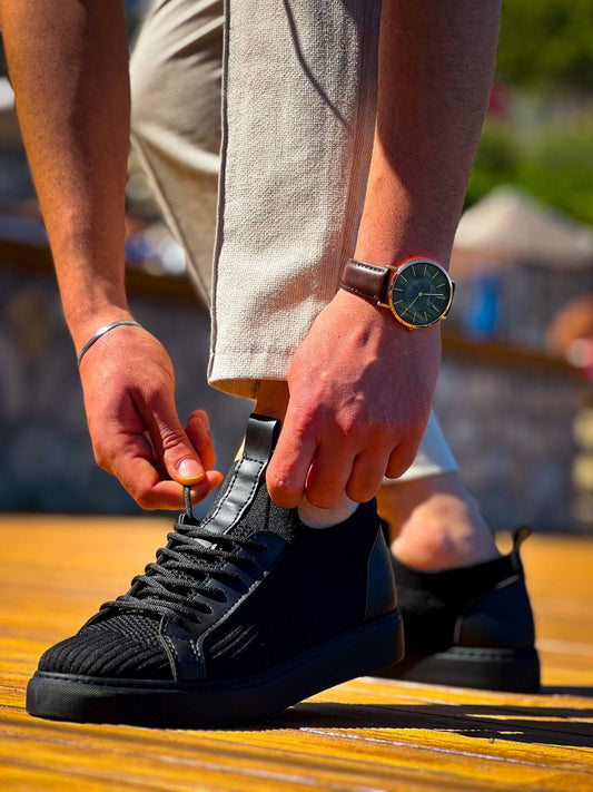 KB - 112 Siyah Siyah Taban Triko Bağcıklı Erkek Ayakkabı - Pawliox