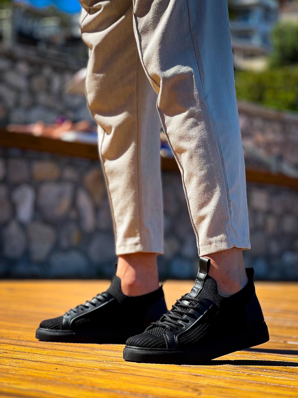 KB - 112 Siyah Siyah Taban Triko Bağcıklı Erkek Ayakkabı - Pawliox