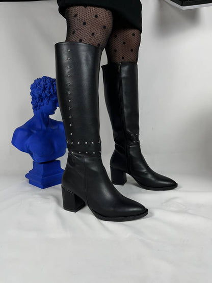 KB - 505 Kömür Cilt Topuklu Kadın Çizme - Pawliox