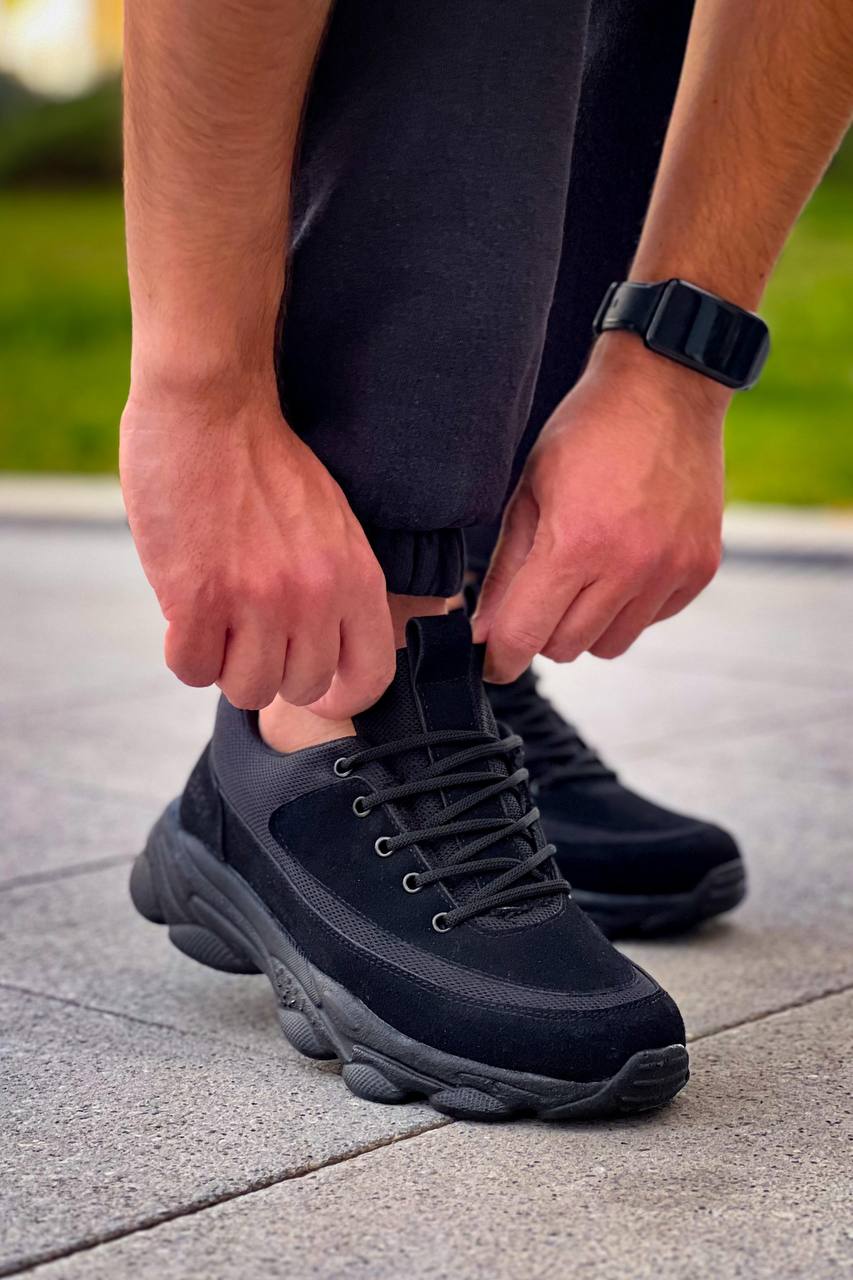 KB - 707 Siyah Süet Siyah Yüksek Taban Bağcıklı Erkek Ayakkabı - Pawliox